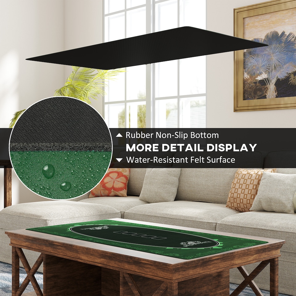 image 1 of SPORTNOW 120 x 60 cm Professional Texas Hold'em Poker Mat 6 Player Water-Resistant Poker Table Top Rubber Poker Table Mat with Felt Surface Carry Bag, Green