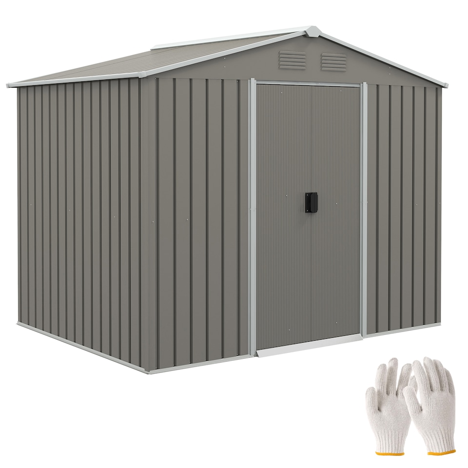 image 1 of Outsunny 7.7 x 5.7ft Metal Garden Shed with Ventilation Slots and Sliding Doors, Galvanised Outdoor Tool Storage House, Light Grey