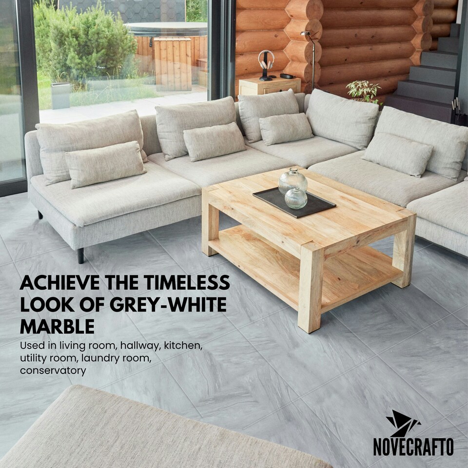 image 1 of NOVECRAFTO Vinyl Floor Tiles Self Adhesive – 18x18in Peel and Stick Waterproof Square Flooring for Kitchen, Bathroom & More – Grey White Marble Design Grey | 2.09 sqm