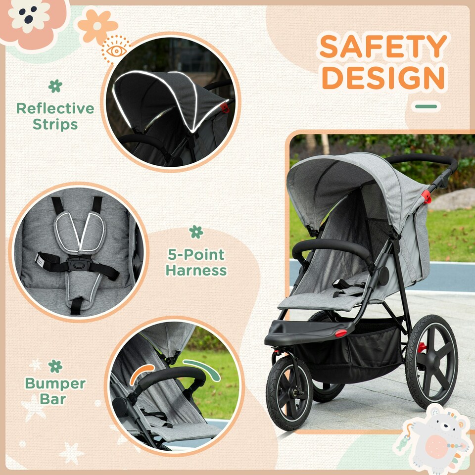 image 1 of HOMCOM Foldable Three-Wheeler Baby Stroller w/ Sun Canopy, Storage - Grey