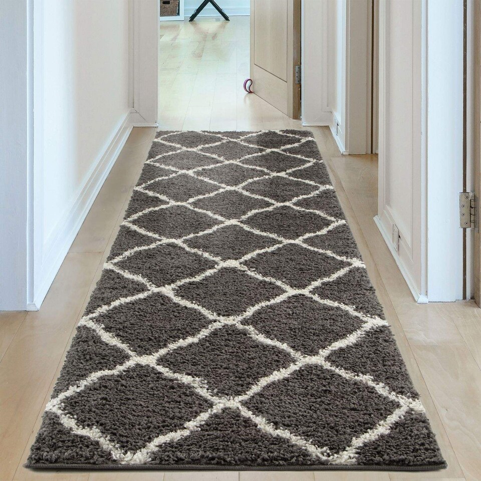 image 1 of The Rugs Moroccan Collection Soft High Pile Shaggy Lattice Floor Rugs and Runners Living Room