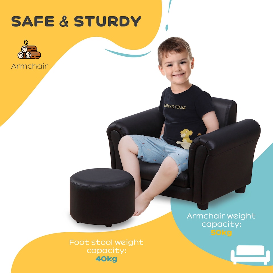 image 1 of HOMCOM Kids Sofa Set Toddler Chair Children Couch Seating Armchair w Footstool | Black | One Size