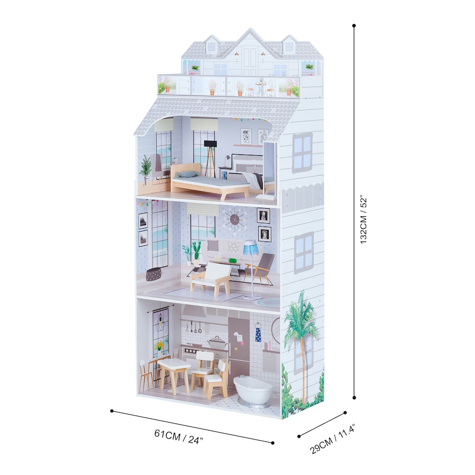 image 1 of Teamson Kids 12in 3 Floor Deluxe Dollhouse with Matching Accessories, Grey