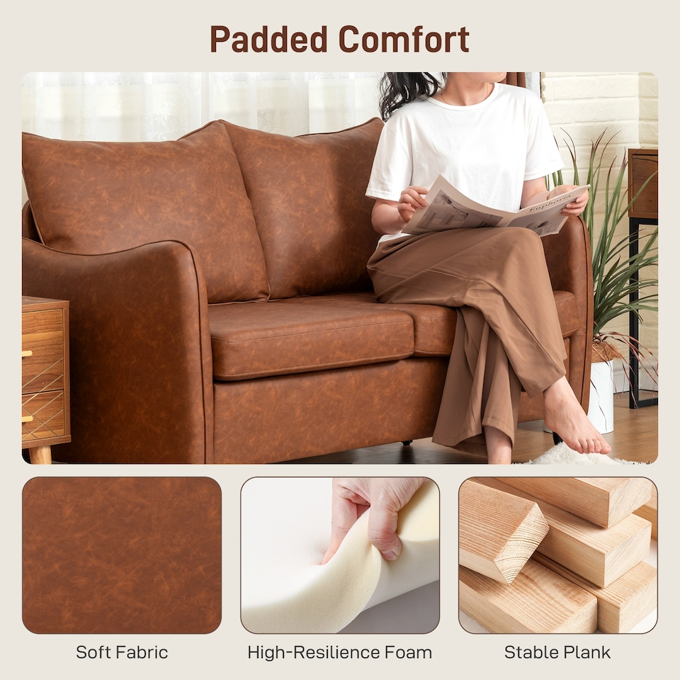 image 1 of HOMCOM Two-Seater Sofa, Modern Small Sofa with Solid Wood Legs, Brown | Brown