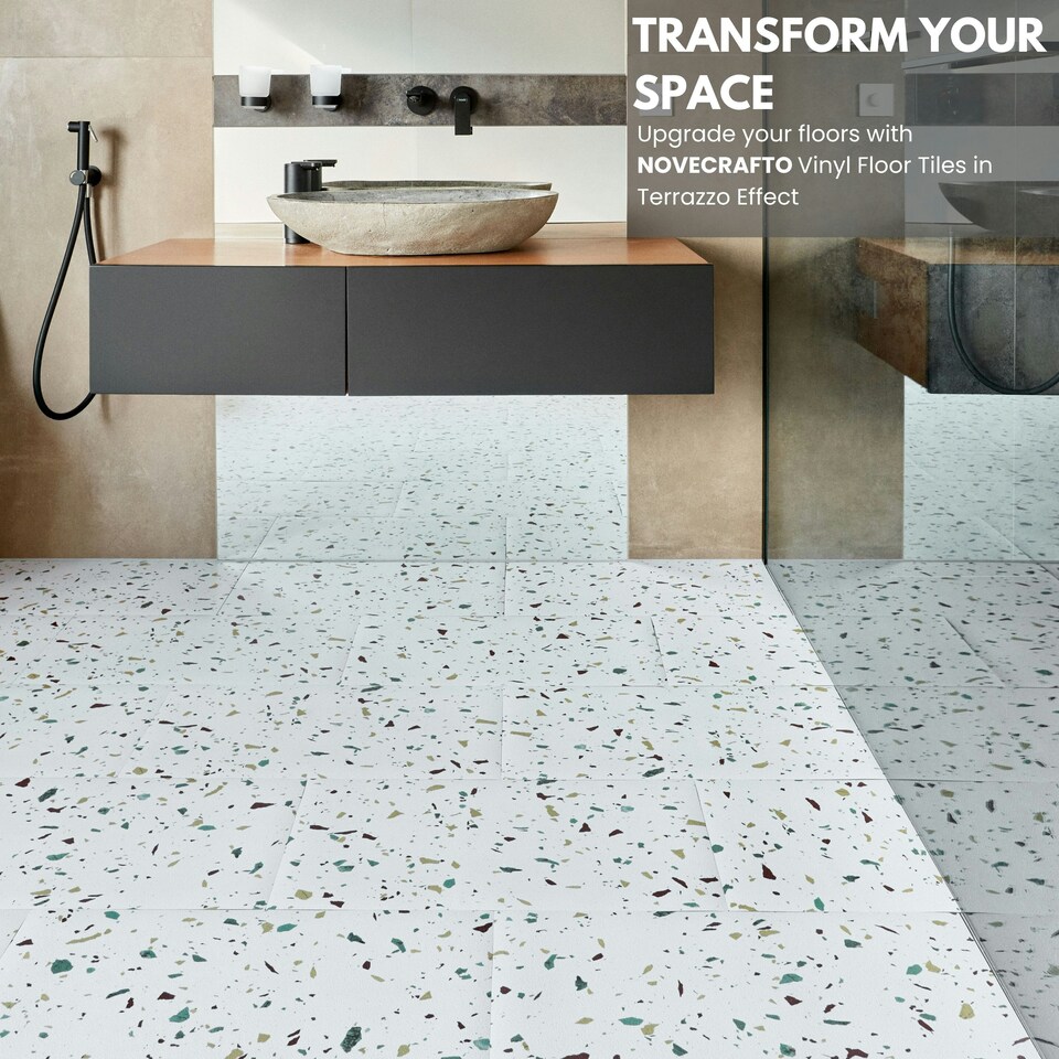 image 1 of NOVECRAFTO Vinyl Floor Tiles Self Adhesive – 12x24in Peel and Stick Rectangular Flooring for Kitchen, Bathroom & Living Room – White Terrazzo Look with Flecks White | 3.71 sqm