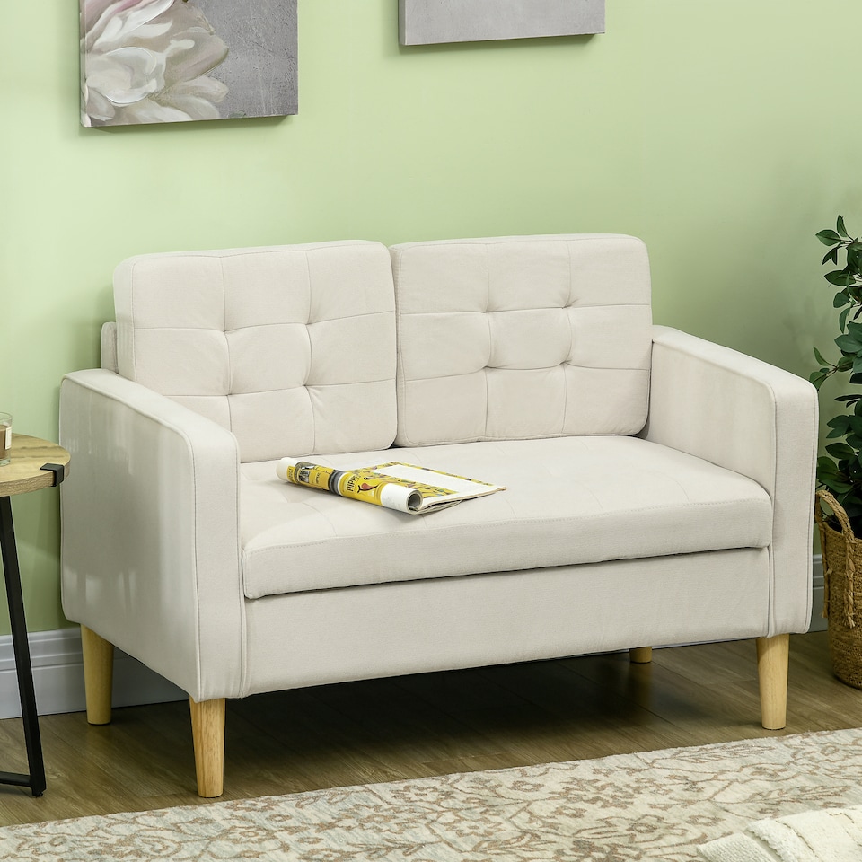 image 1 of HOMCOM Modern 2 Seater Sofa with Hidden Storage, 117cm Tufted Cotton Couch with Wood Legs, Compact Loveseat for Living Room, Kitchen, Cream White