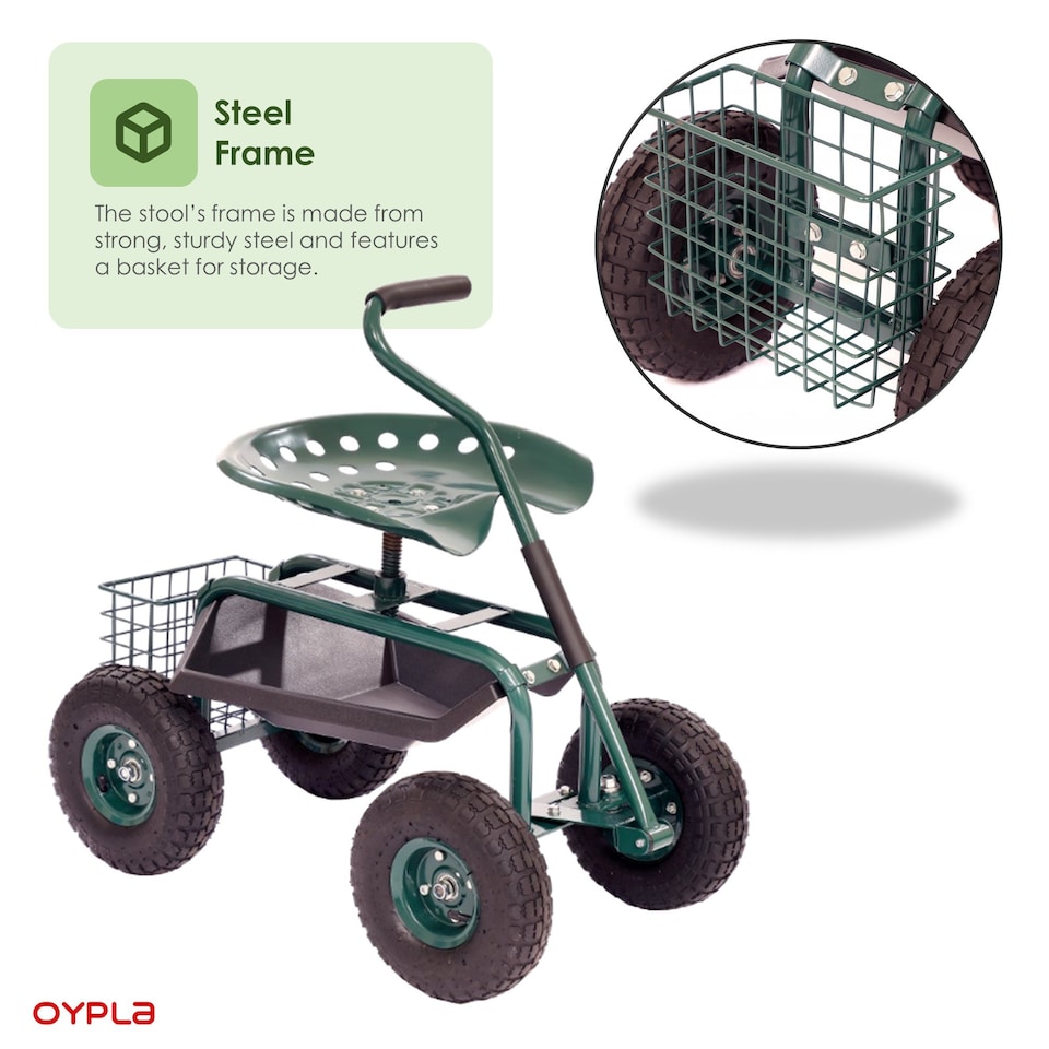image 1 of Outdoor Rolling Garden Seat Wheeled Stool with Tool Tray & Basket | Green