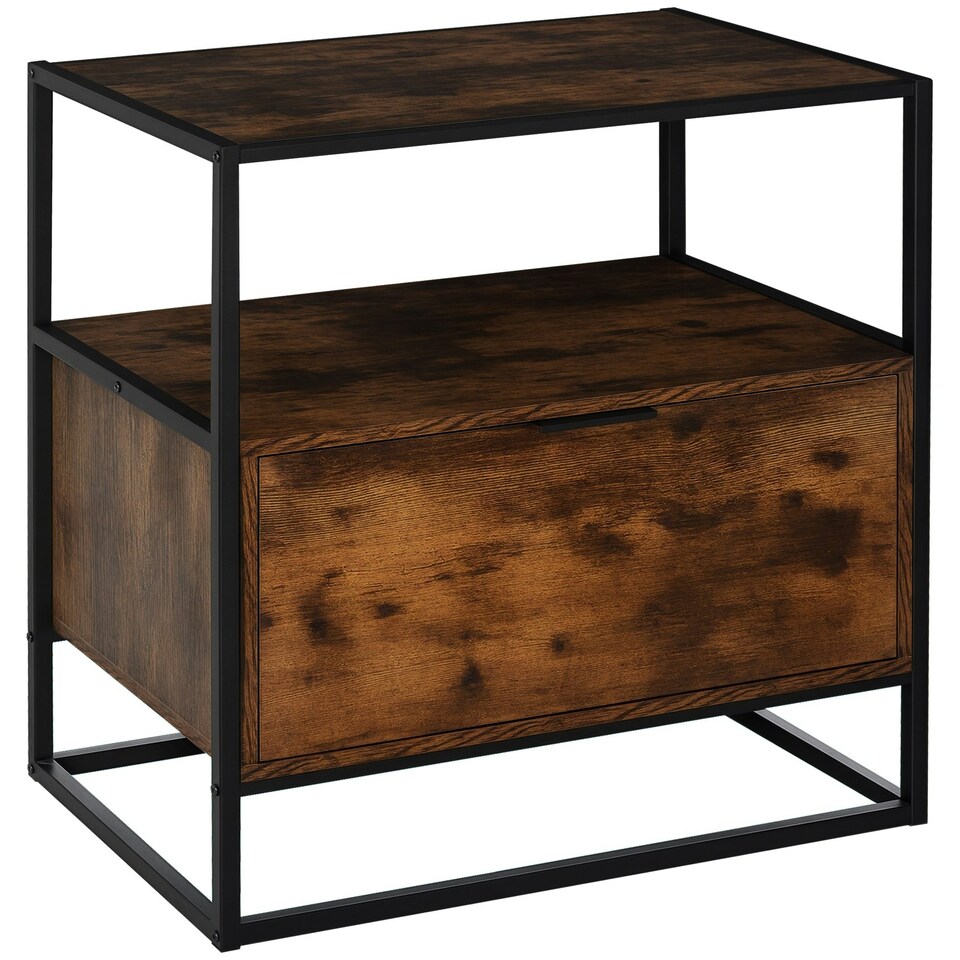 image 1 of HOMCOM Industrial-Style Side Table w/ Drawer Open Shelf Steel Frame Base Retro Black