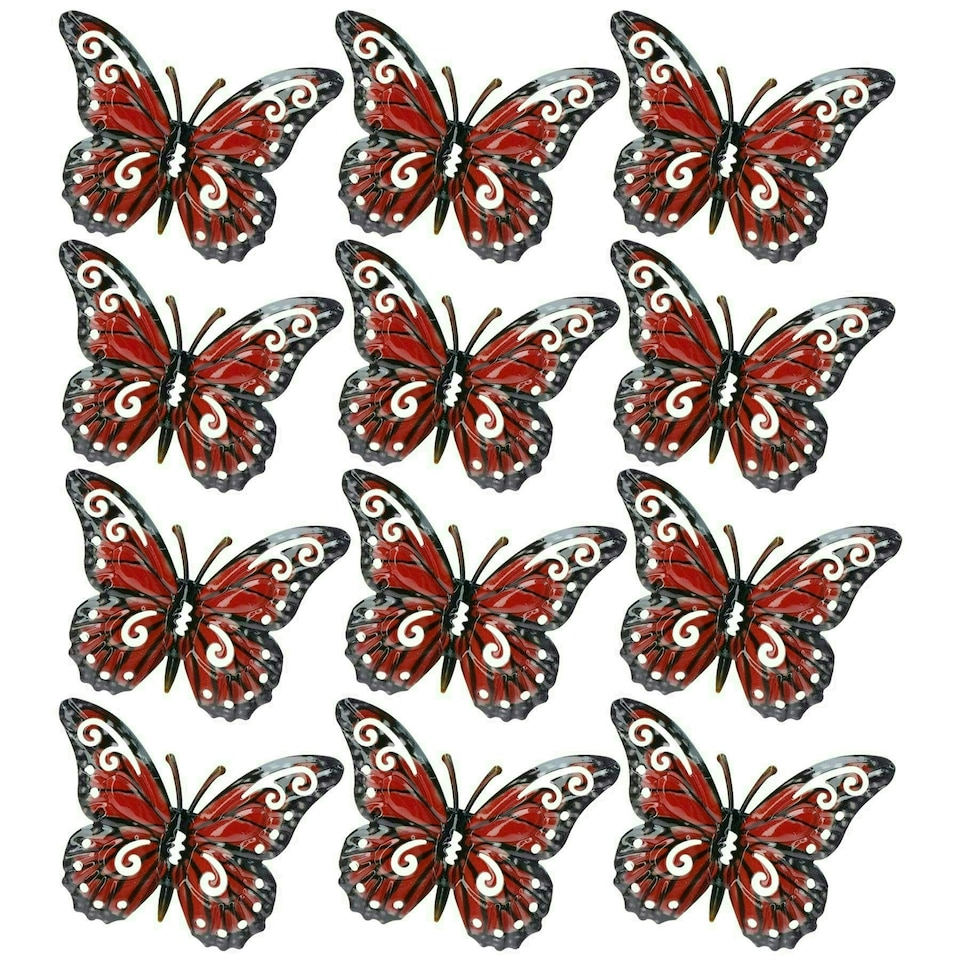 image 1 of Set of 12 Red Small Metal Butterflies Garden/Home Wall Art Ornament