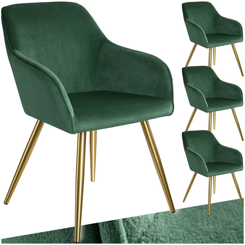 image 1 of Chair Marilyn - with armrests, padded, velvet look, golden steel legs - Set of 4 Green | Dark Green/Gold