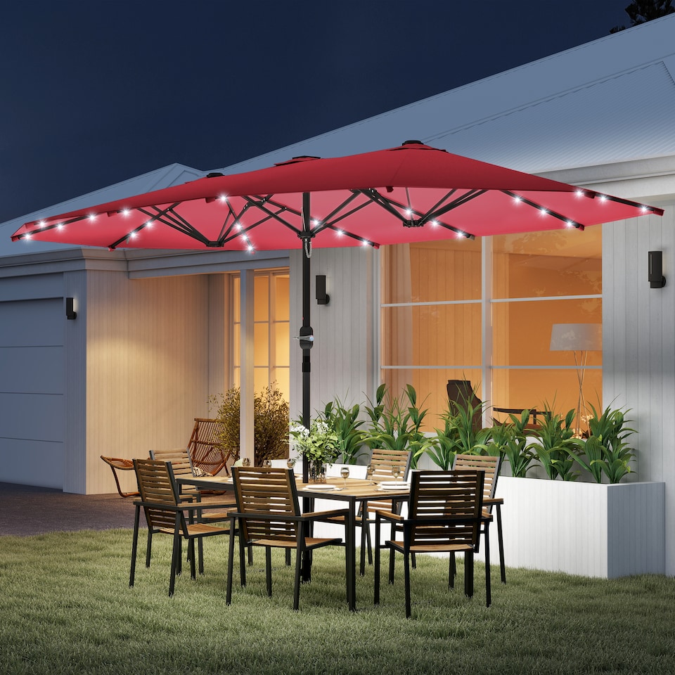 image 1 of Outsunny 4.4m DoubleSided Sun Umbrella Garden Parasol Patio Sun Shade Outdoor with LED Solar Light, NO BASE INCLUDED, Wine Red