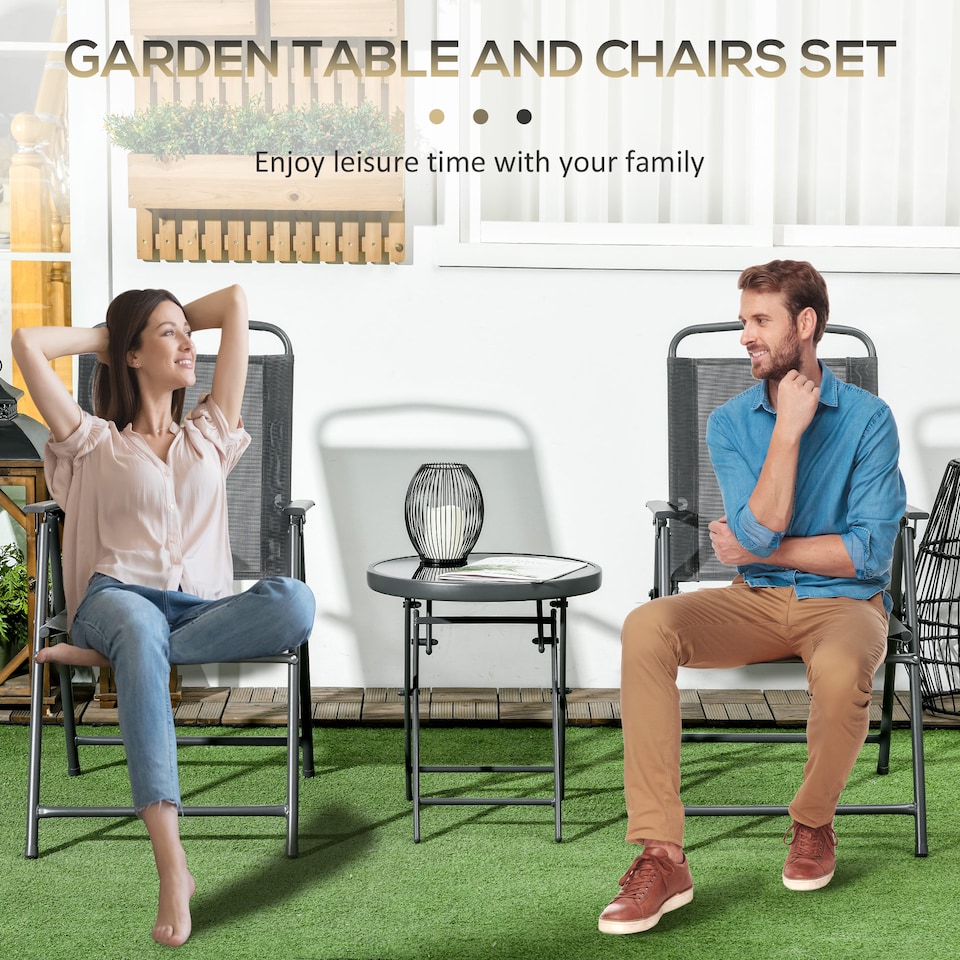 image 1 of Outsunny Garden Bistro Set, 3 Pieces Table and Chairs Set, Outdoor Garden Furniture with Foldable Breathable Mesh Fabric Armchairs & Glass Top Coffee Table | Grey