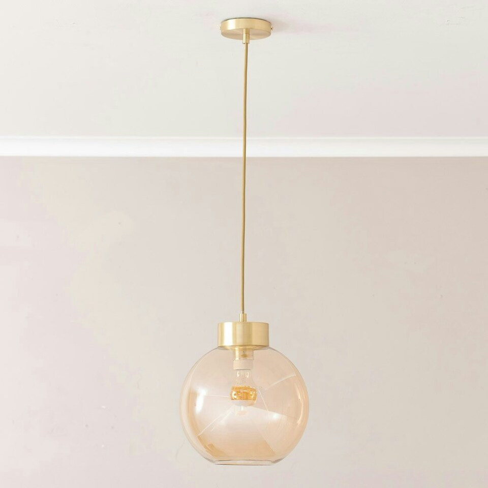 image 1 of ValueLights Bellamy Amber Glass Globe Brushed Gold Capped Ceiling Pendant Light Gold