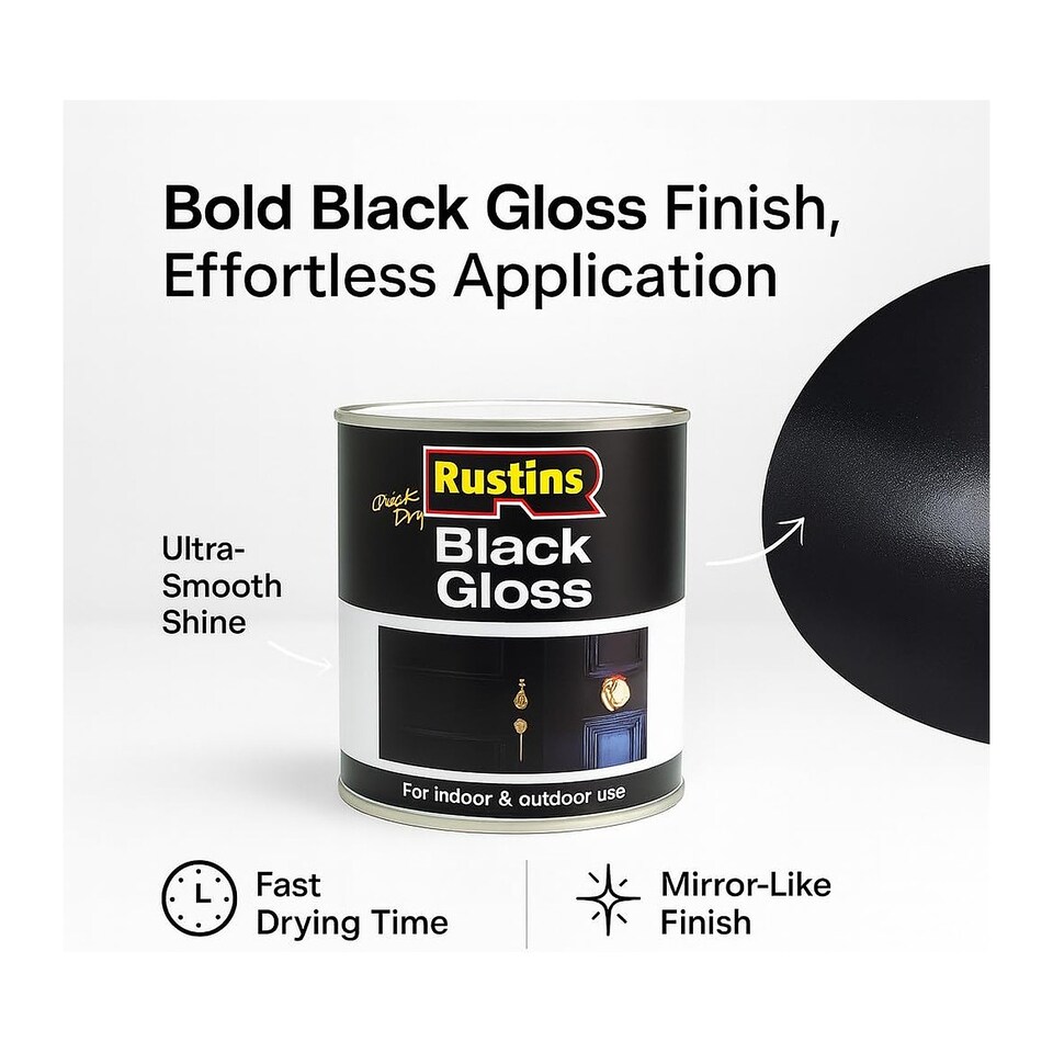 image 1 of Rustins Quick Dry Black Gloss Paint 500ml - Fast-Drying for Wood & Metal