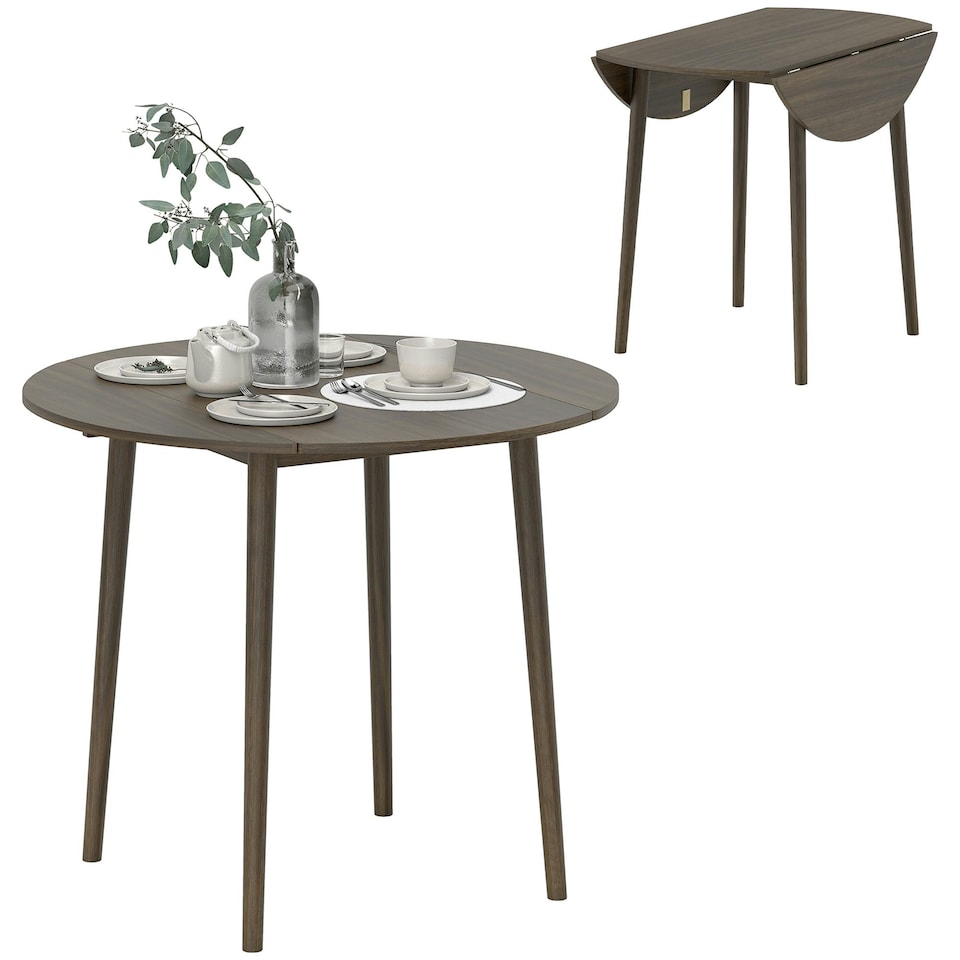 image 1 of HOMCOM Foldable Dining Table, Round Drop Leaf Table, Wood Legs, Grey