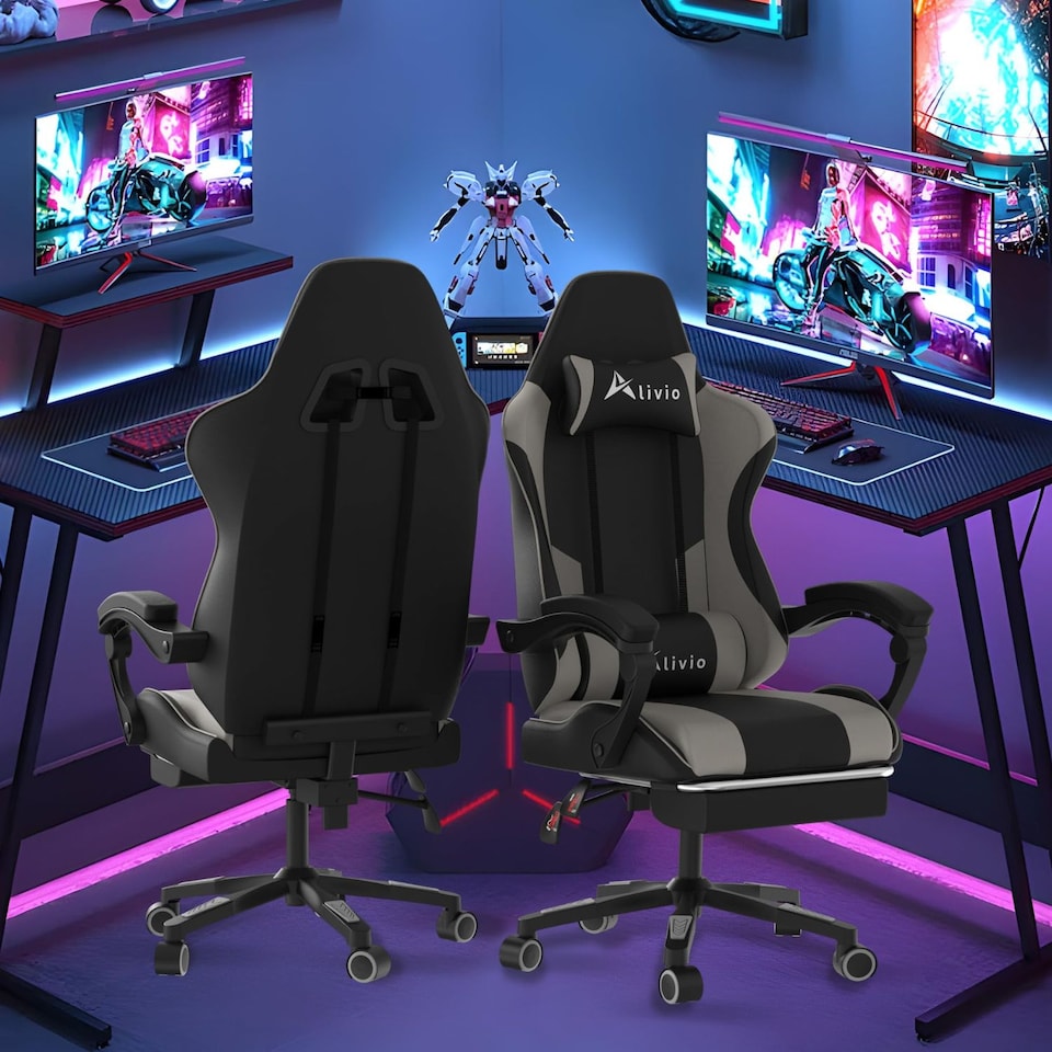 image 1 of Alivio Ergonomic Gaming Chair with Massage Lumbar Cushion & Retractable Footrest, PU Leather Video Game Chair (Grey)