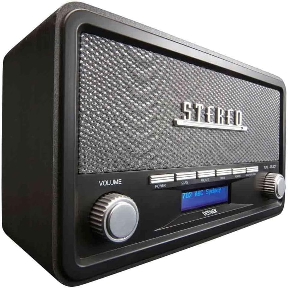 image 1 of Vintage Style Stereo DAB/DAB+ & FM Radio – Grey Wood Cabinet, Bluetooth, Clock Radio Alarm, AUX IN for Smart Phone/Tablet / MP3 Player – Mains or Battery