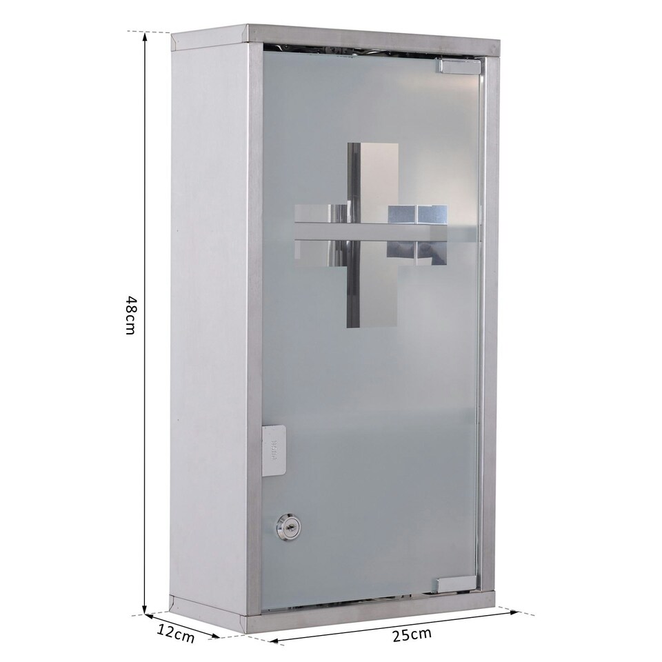 image 1 of HOMCOM Wall Mounted Medicine Cabinet First Aid Box Glass Door Lockable 3 Shelves Silver