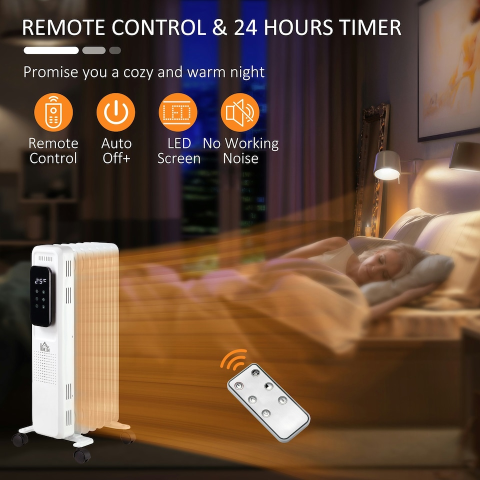 image 1 of HOMCOM 1500W Oil Filled Radiator Heater w/ 3 Heat Settings Remote Control White