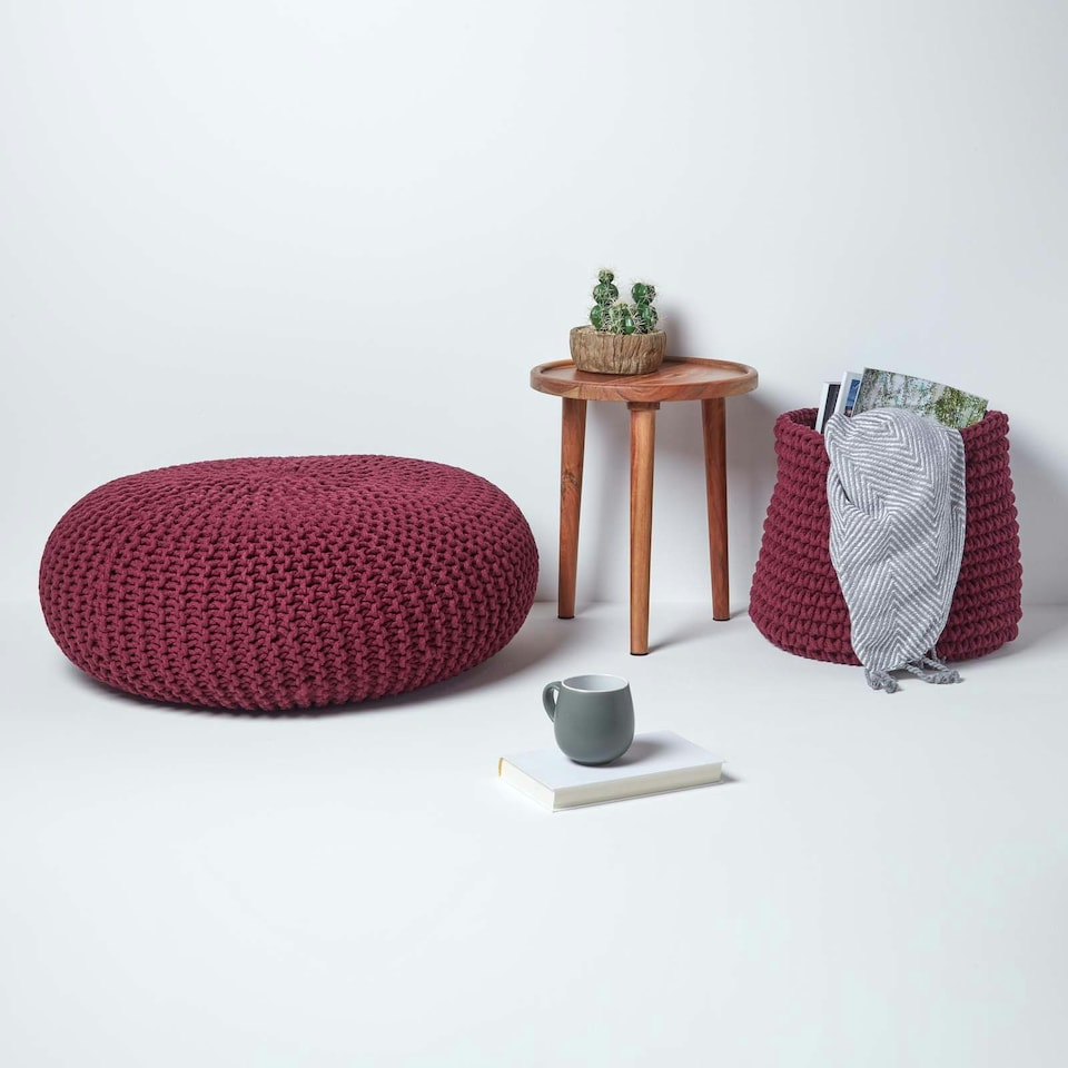 image 1 of Homescapes Plum Large Round Cotton Knitted Pouffe Footstool