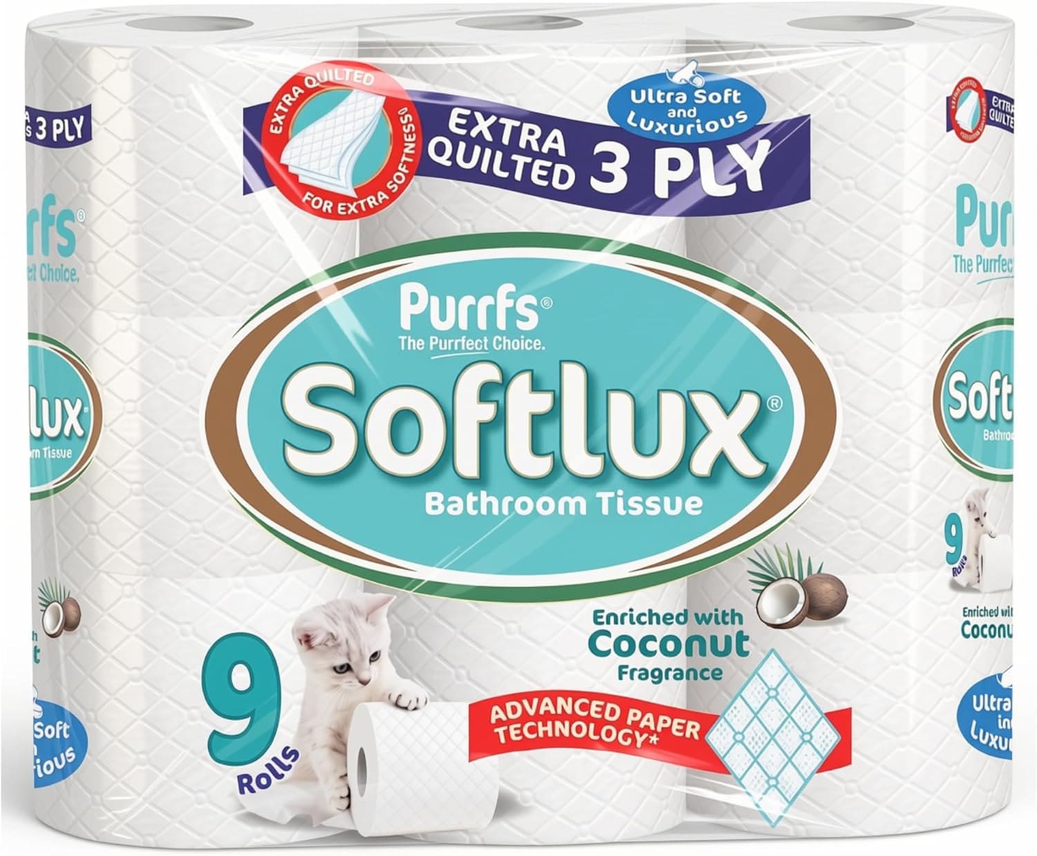 Softlux Purrfs 3-Ply, Coconut Scented Quilted & Embossed Toilet Paper, Ultra Soft, Strong & Skin Kind, Premium Bathroom Tissue, 100% Virgin Pulp, Bulk Pack 9 Loo Rolls