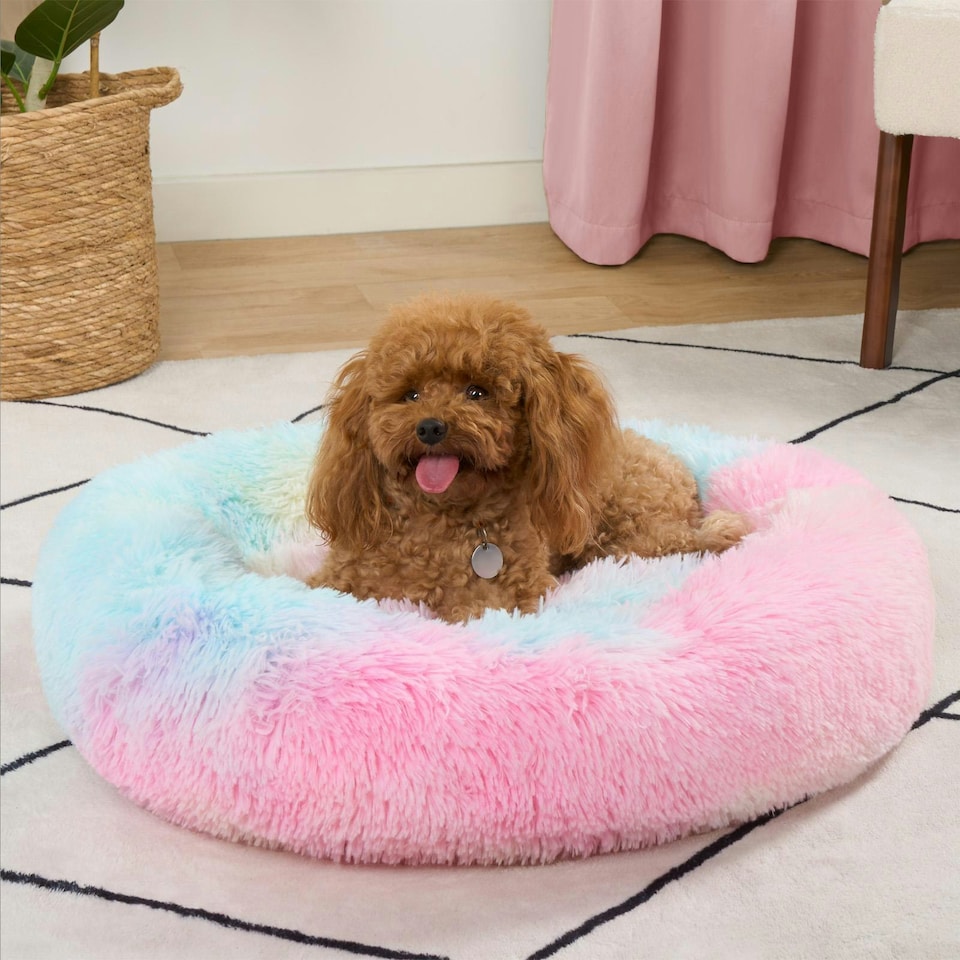 image 1 of OHS Round Fluffy Calming Pet Dog Plush Cushion Bed, Medium - Multi