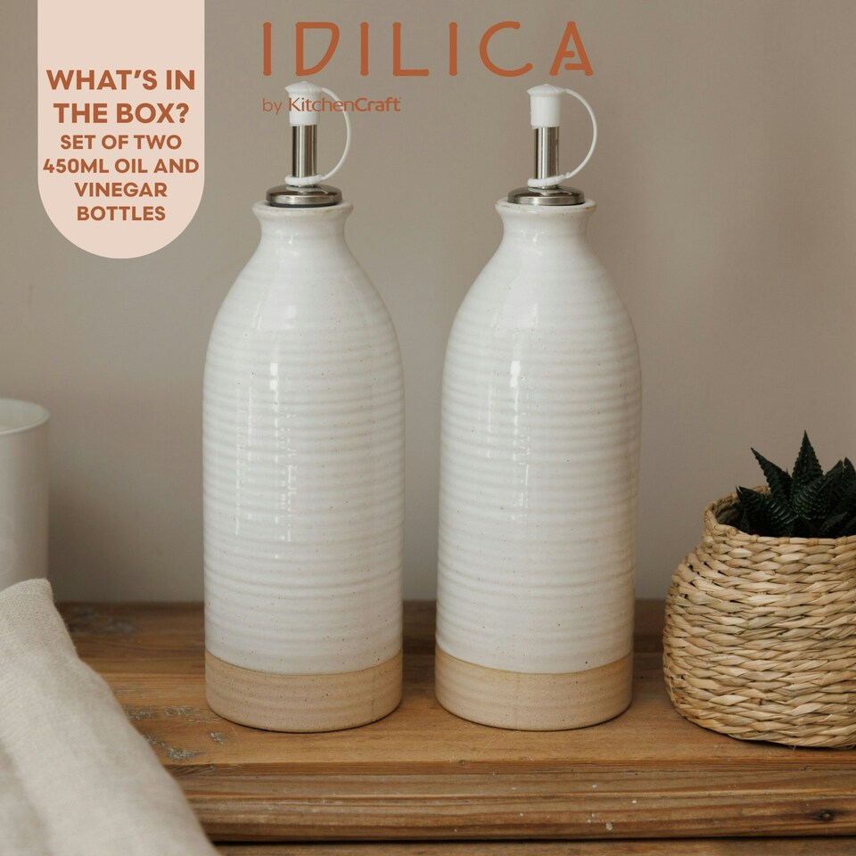 image 1 of KitchenCraft Oil Vinegar Bottles Cream Stoneware 450ml Set of 2