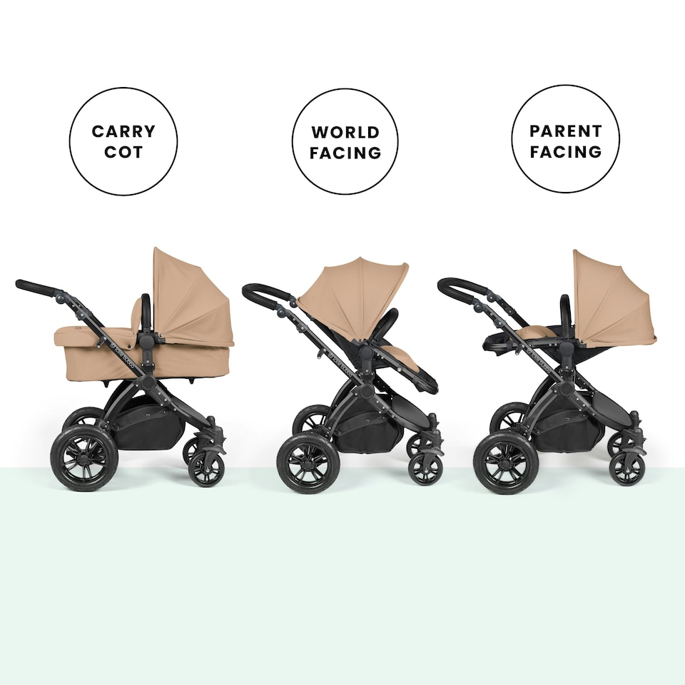 image 1 of Stomp Luxe 2-in-1 Pram – Birth to Approx. 4 Years, Foldable, All-Terrain, Rain Cover, Footmuff, Puncture-Proof Wheels & More (Black/Desert/Tan)