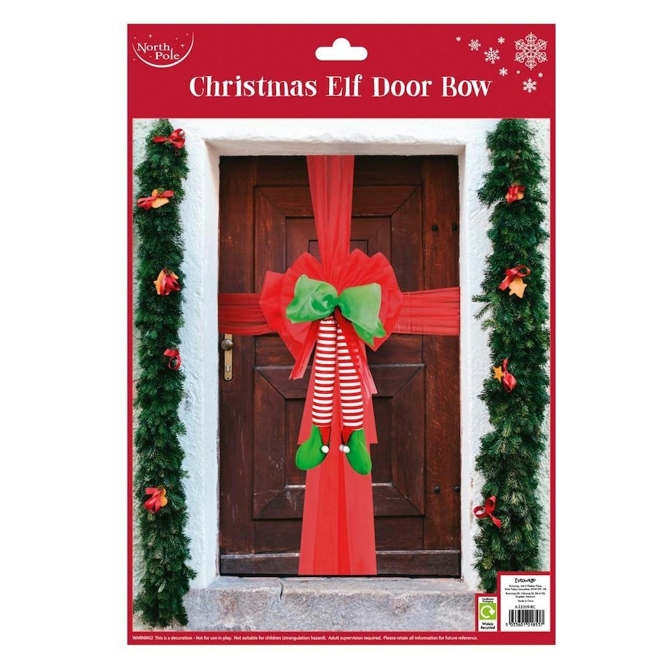 Red Green with Hanging Elf Legs Christmas Door Bow