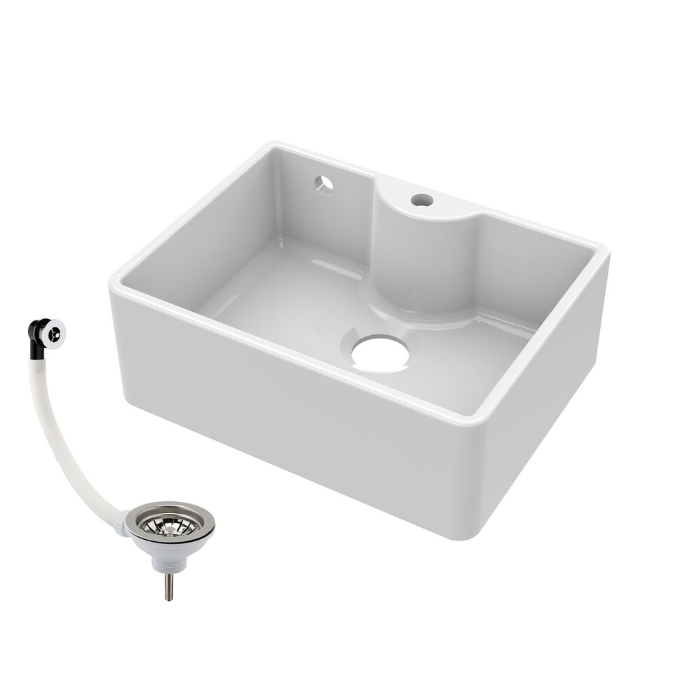 image 1 of 595mm - 1 Bowl Fireclay Butler Kitchen Sink - Tap Ledge, Hole, Overflow & Waste
