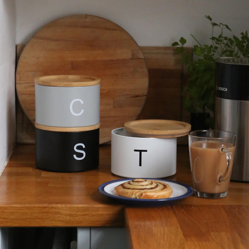 image 1 of Harbour Housewares 3pc Stacking Tea Coffee Sugar Canister Set with Bamboo Lids - Monochrome