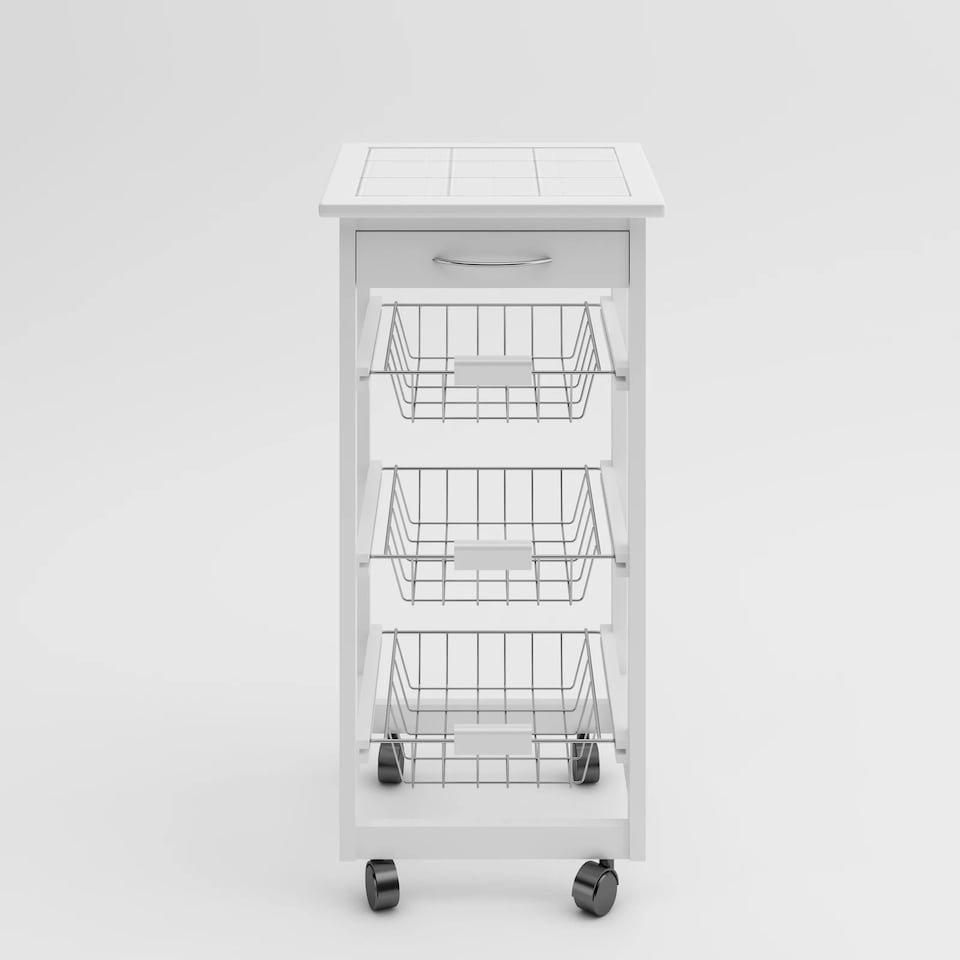 image 1 of Rolling Kitchen Island Trolley Serving Cart White Tile Top Drawer Shelves Basket | White | White | 1