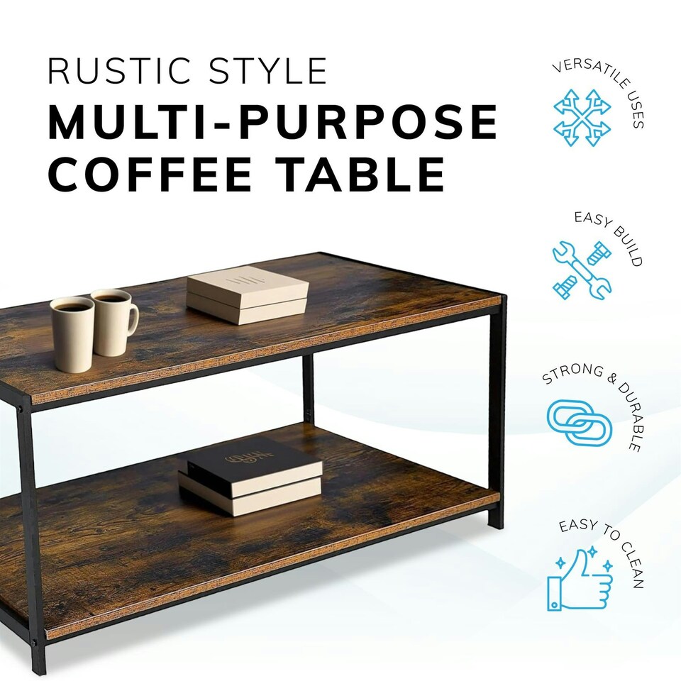 image 1 of Coffee Table Rustic Wooden Brown Grain Finish Living Room Storage Shelf 2 Tier Brown
