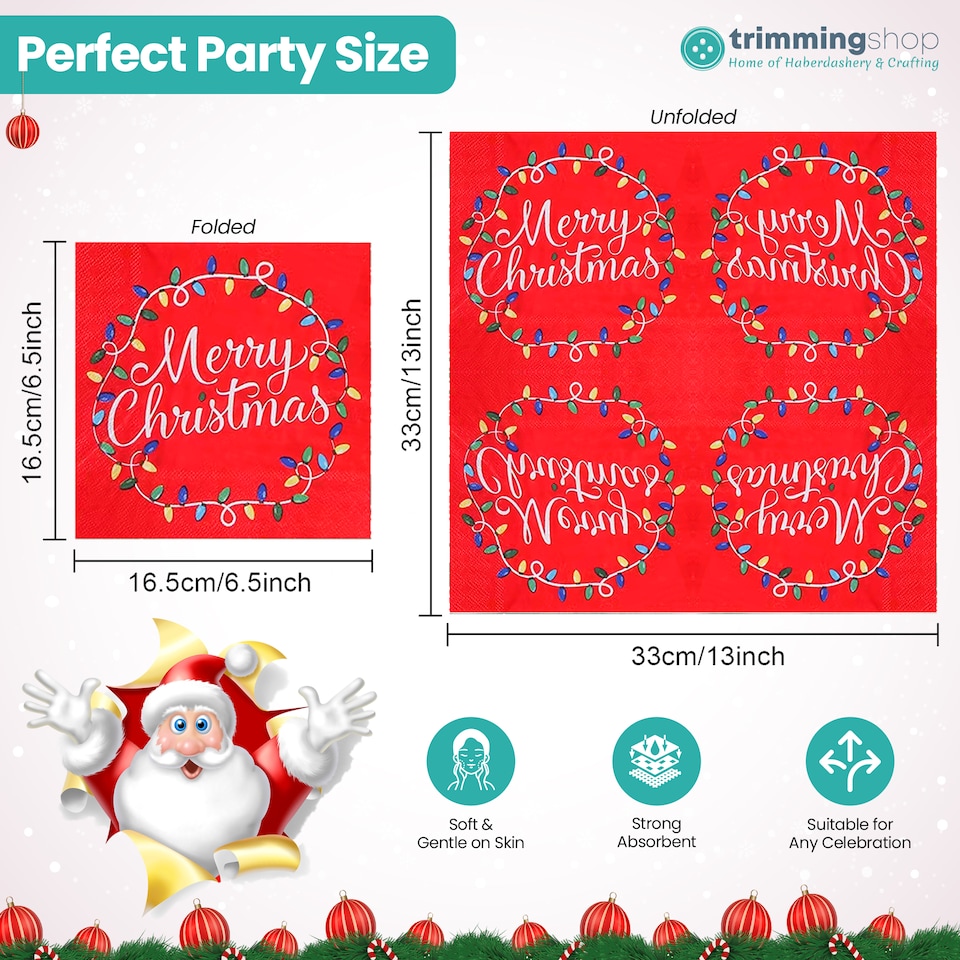 image 1 of 33 x 33cm Red 2 Ply Decorative Christmas Napkins - 20 Pack