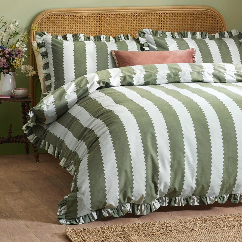 image 1 of Wylder Nature Birdie Stripe Ruffle Duvet Cover Set | Green | Bay Green/Mist | Super King