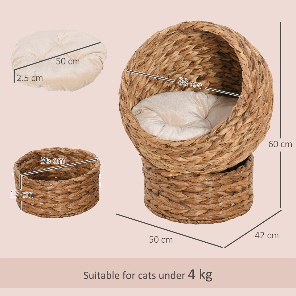 image 1 of PawHut Elevated Kitten Hooded Rattan Cat House Basket Cushion, 52x42x60cm Brown