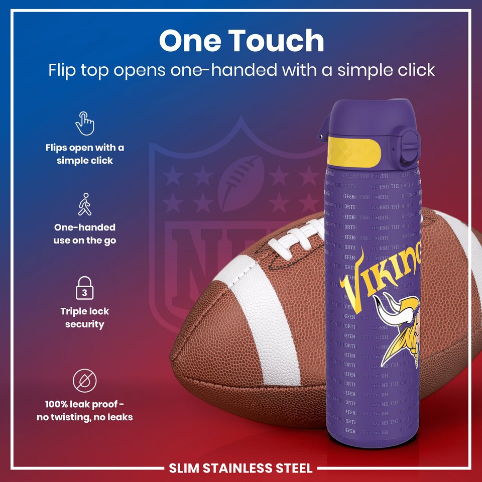 image 1 of Leak Proof Slim Water Bottle, Stainless Steel, NFL, 600ml (20oz) | Purple | NFL Vikings | One Size