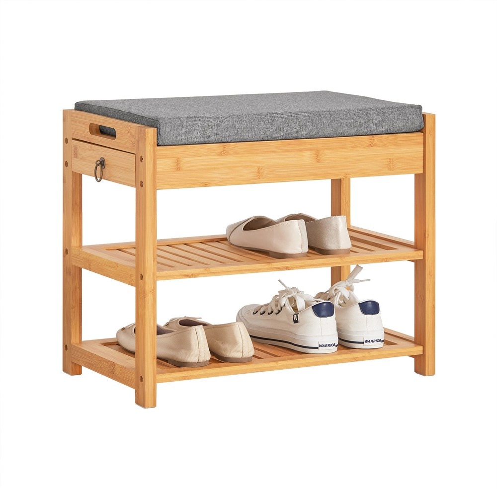 SoBuy FSR49-N,Compact Bamboo Shoe Storage Bench with Cushion and Drawer