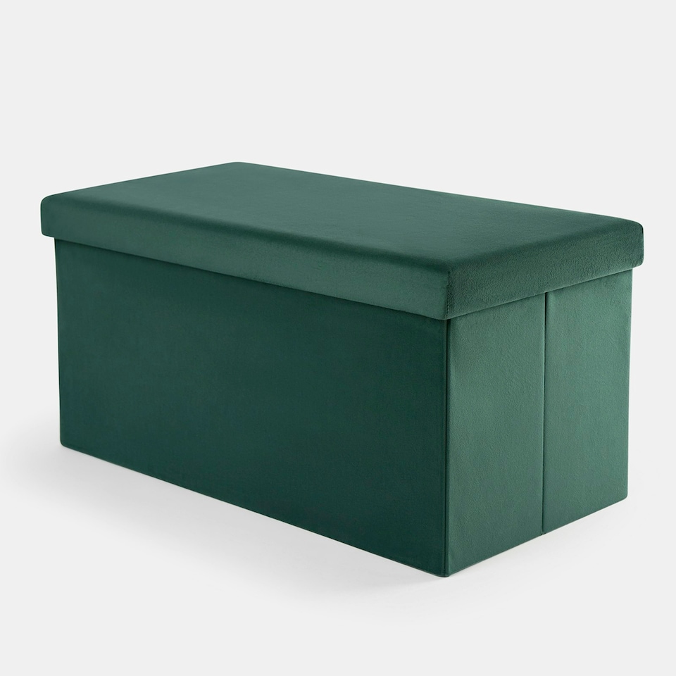 image 1 of OHS Matte Velvet Soft Long Rectangle Foldable Footstool Seat Storage Organiser Ottoman Green | Forest Green