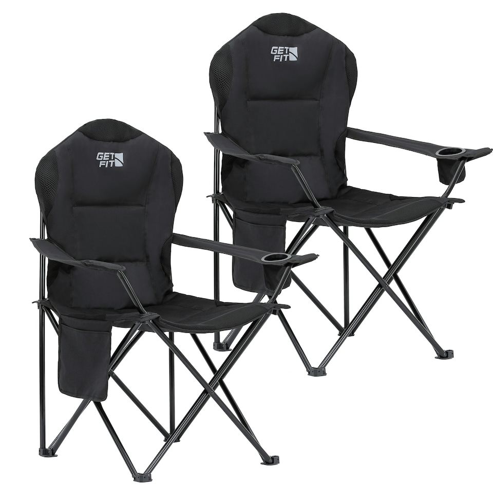 image 1 of Get Fit Set of 2 Camping Chairs Outdoor Folding Chair, Magazine Pocket, Cup Holder & Carry Bag Weight Capacity of 130kg - Black