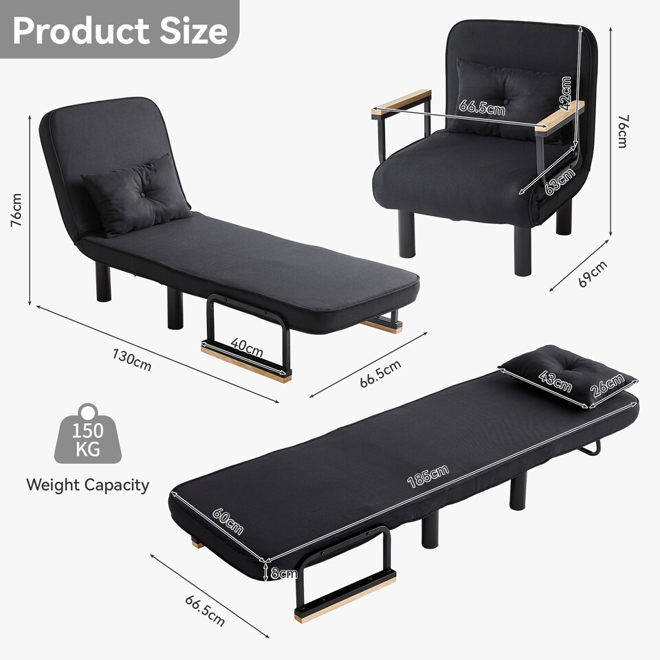 image 1 of 4 in 1 Folding Single Sofa Bed Convertible Lounge Sleeper Chair with Adjustable Backrest and Large Cushion Black
