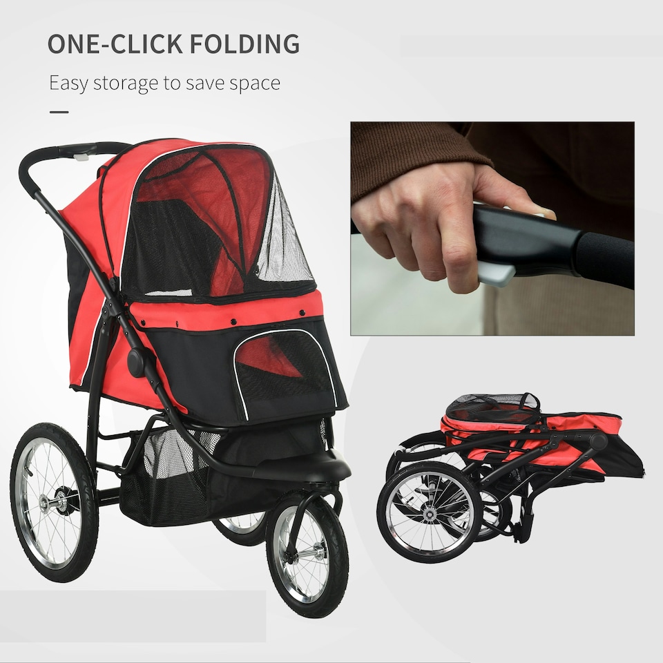 image 1 of PawHut Three-Wheel Pet Stroller, for Medium, Small Dogs, Foldable Cat Pram - Red