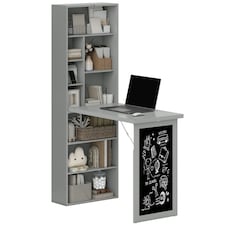 HOMCOM Folding Convertible Desk with Blackboard and Bookshelf, Grey