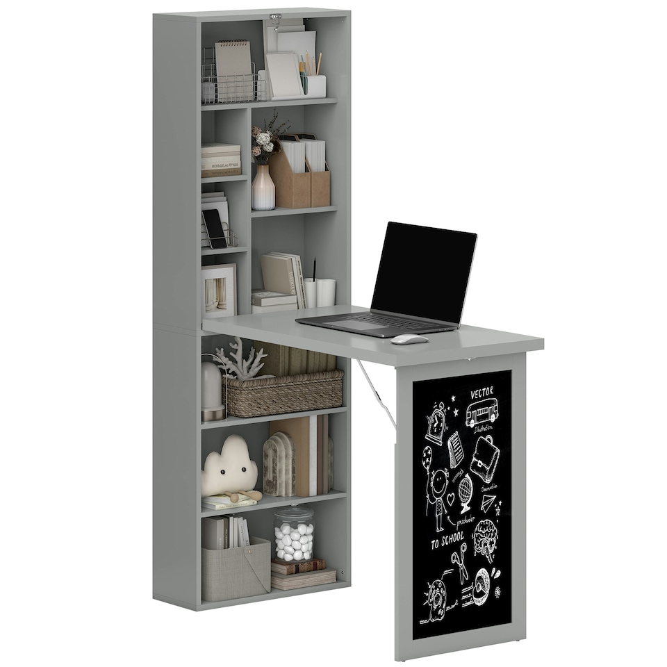 image 1 of HOMCOM Folding Convertible Desk with Blackboard and Bookshelf, Grey