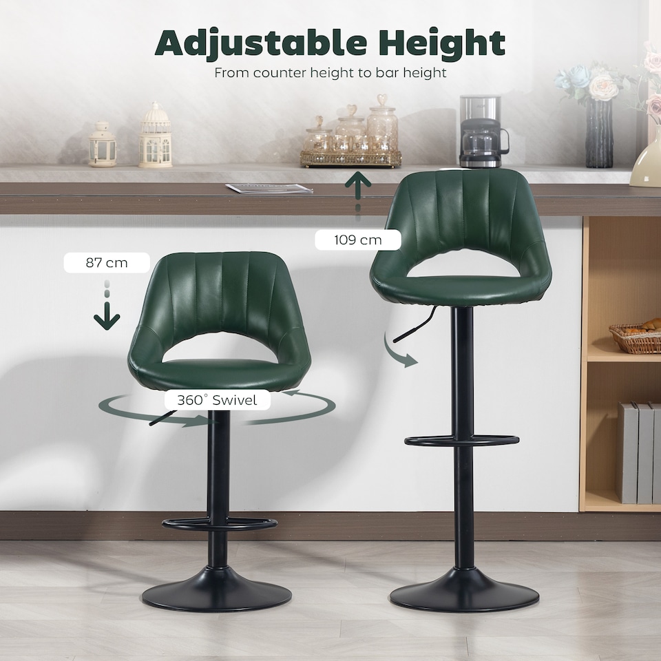 image 1 of HOMCOM Bar Stools Set of 2, Swivel Barstools with Adjustable Height, Backrest and Footrest,  Modern PU Leather Upholstered Breakfast Bar Chairs for Kitchen Island, Counter, Dining Room, Dark Green | Green | Green