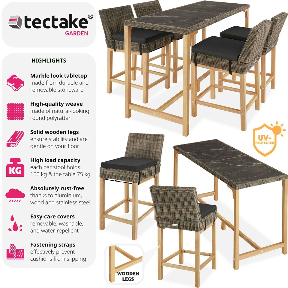 image 1 of Garden Table and Chairs - dining table Lovas with 4 bar stools Latina - Nature