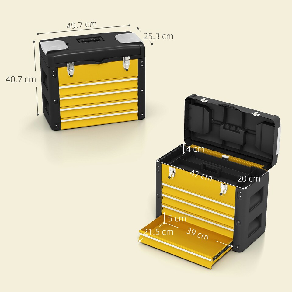 image 1 of HOMCOM 4 Drawers Large Tool Box, Steel Toolbox with Handle, Yellow Yellow | Black