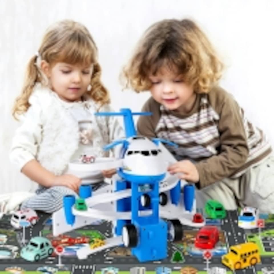 image 1 of Transport Cargo Airplane Car Toy Play Set – Transforming Airplane with Vehicles, Tracks & City Map – 3-in-1 Imaginative Play for Kids Ages 3+