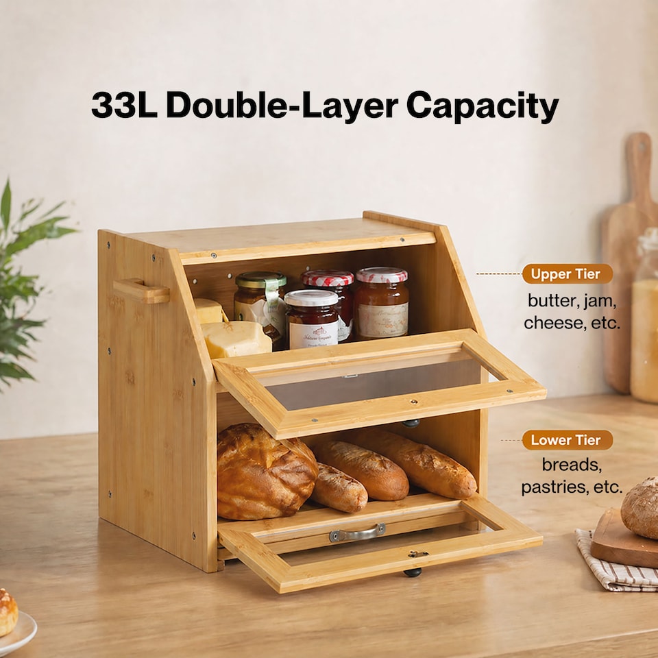 image 1 of TOQUE 33L Bamboo Bread Bin with Cutting Board, Bread Storage Box, Natural