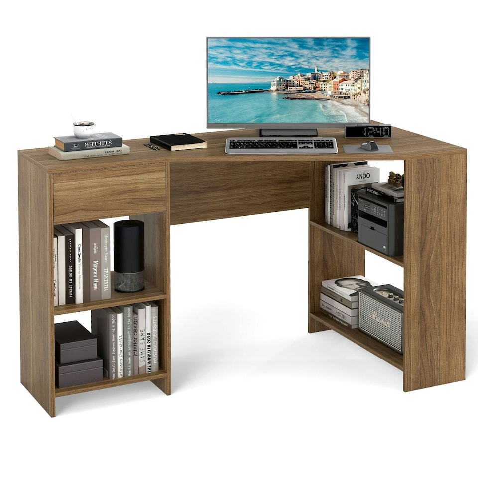 image 1 of COSTWAY L-Shaped Computer Desk Corner Table w/Storage Natural Brown